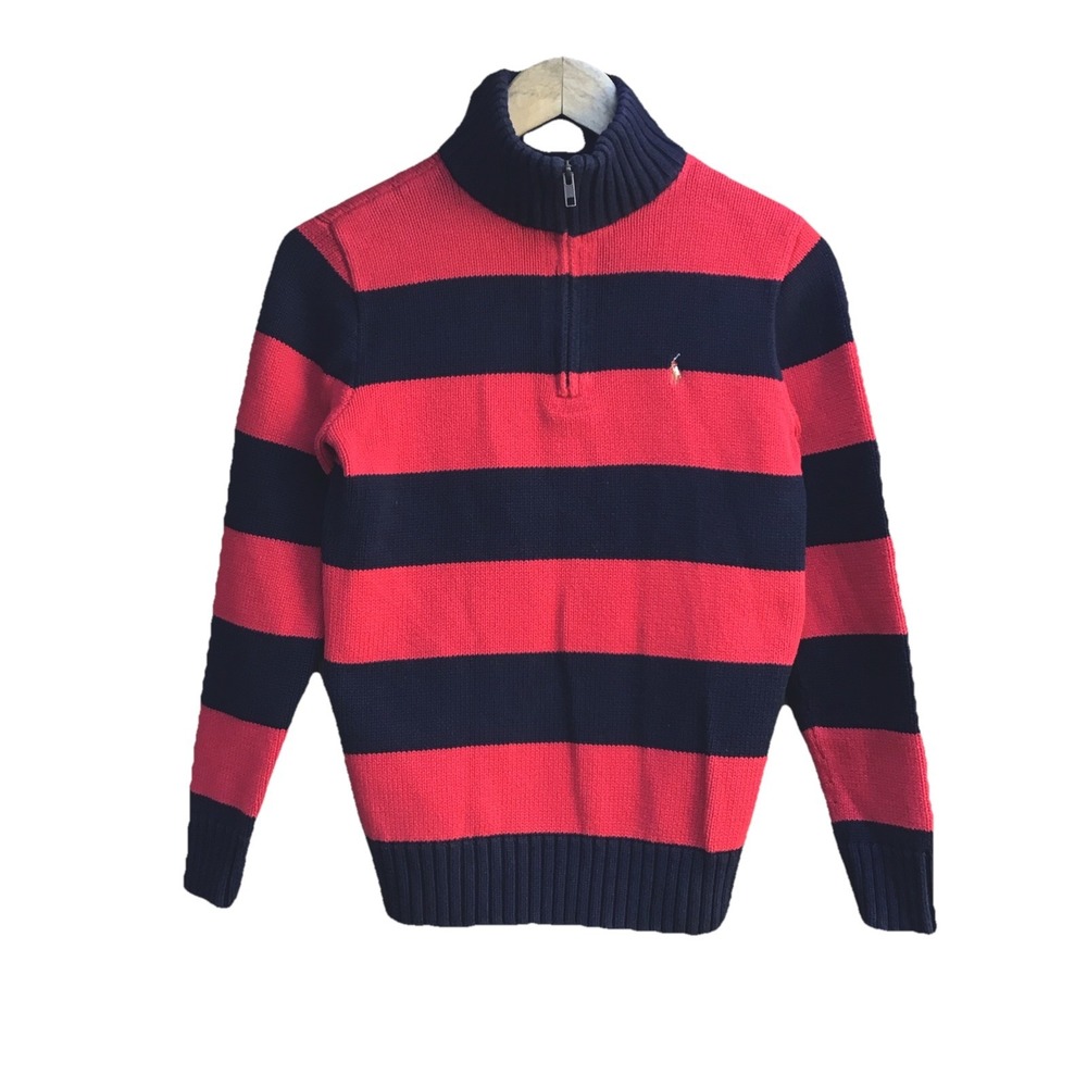 Polo Ralph Lauren Boys L 14-16 Quarter Zip Sweater Red Navy Striped Cotton